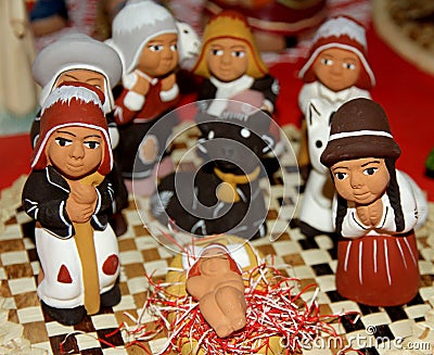 Peruvian ethnic Nativity set hand made with terracotta and clay Stock Photo