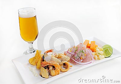 Peruvian food: chicharrones de pescado with ceviche cebiche . Stock Photo