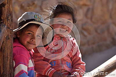 Peruvian kids in Machu Picchu site Editorial Stock Photo