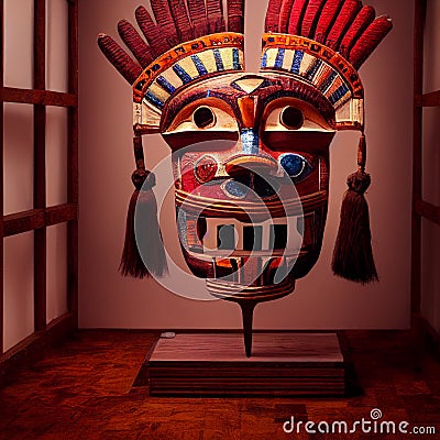 Peruvian Mayan Mask on stand in studio. Multi color. Studio Backdrop. Stock Photo