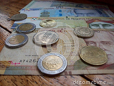 Peruvian nuevo sol coins and bills Stock Photo