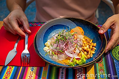 Peruvian-style ceviche plate in outdoor dining, male guest hands ready Stock Photo