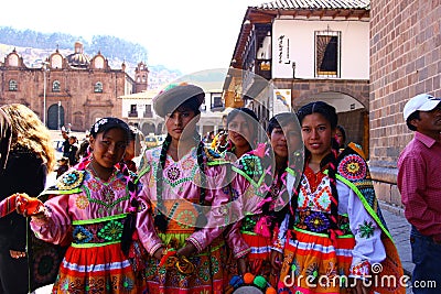 Peruvian teenage girls in Traditional Clothing Editorial Stock Photo
