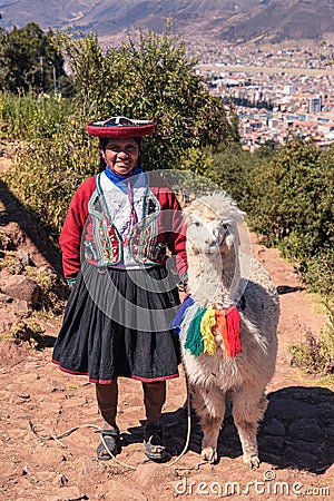 Peruvian Woman with Lama in Cusco Editorial Stock Photo