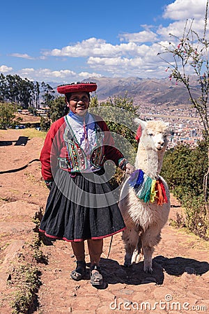 Peruvian Woman with Lama in Cusco Editorial Stock Photo