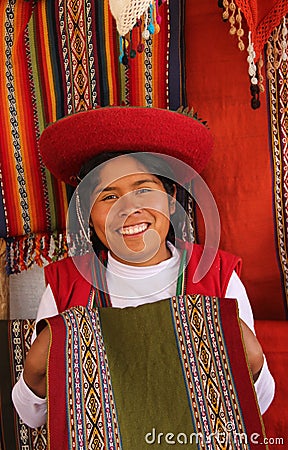 Peruvian woman selling colorful fabrics Editorial Stock Photo