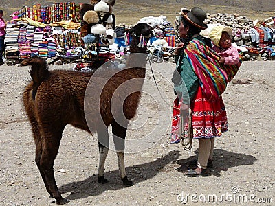 Peruvian woman in traditional clothing on the pass of Abra la Raya, Peru Editorial Stock Photo