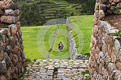 Peruvian wonan in the Inca Ruins in the village of Chinchero, in Peru. Editorial Stock Photo