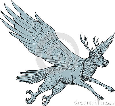 Peryton Flying Side Drawing Vector Illustration