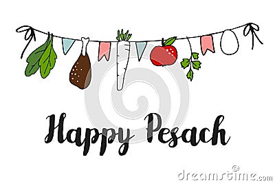 Pesach Passover greeting card, banner with hand drawn seder string, Vector Illustration