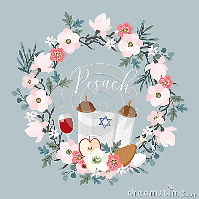 Pesach, Passover greeting card. Hand drawn floral wreath with torah, Jewish star, egg, apple, glass of wine, olive Vector Illustration