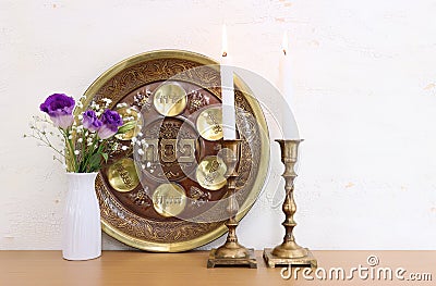 Pesah celebration concept (jewish Passover holiday). Translation of Traditional pesakh plate Stock Photo