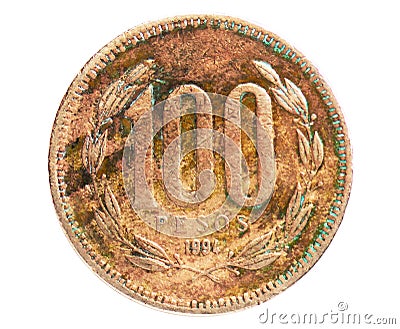 100 Pesos narrow year coin, 1975~Today - Pesos CLP serie, Bank of Chile Stock Photo