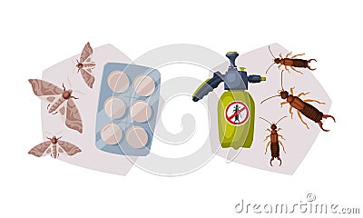 Pest Control with Chemical in Bottle, Repellent Pills and Moth Vector Set Vector Illustration