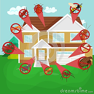 Pest control concept with insects exterminator silhouette flat vector illustration Vector Illustration