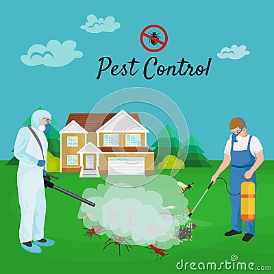 Pest control concept with insects exterminator silhouette flat vector illustration Vector Illustration