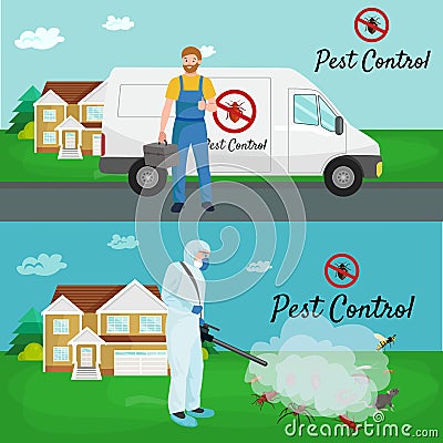 Pest control concept with insects exterminator silhouette flat vector illustration Vector Illustration