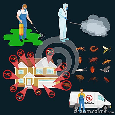 Pest control concept with insects exterminator silhouette flat vector illustration Vector Illustration