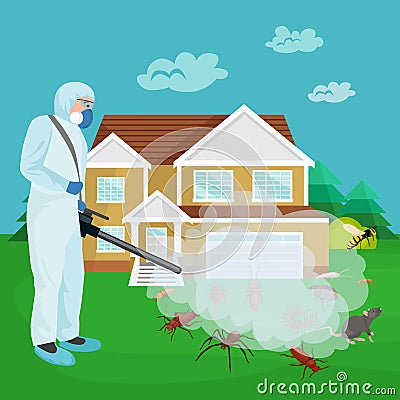 Pest control concept with insects exterminator silhouette flat vector illustration Vector Illustration