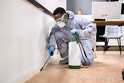 Pest Control Exterminator Man Spraying Termite Pesticide Stock Photo