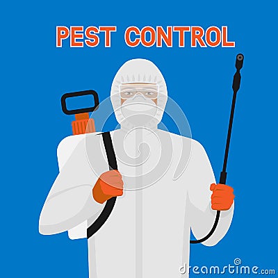 Pest Control exterminator in protective suit and mask with sprayer Vector Illustration