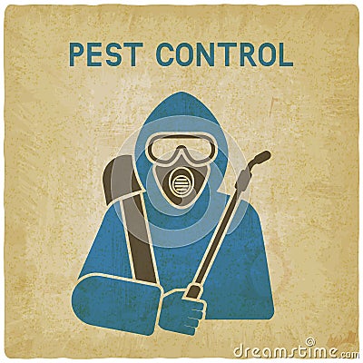 Pest Control Exterminator in protective suit vintage background Vector Illustration