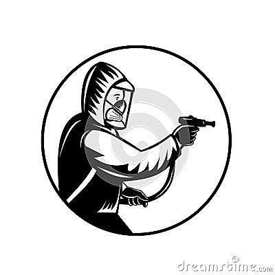 Pest Control Exterminator Spraying Pesticide or Insecticide Retro Woodcut Black and White Vector Illustration