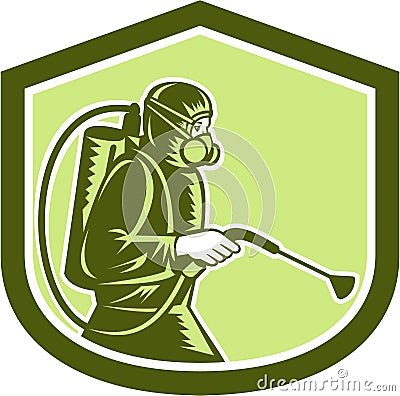 Pest Control Exterminator Spraying Shield Retro Vector Illustration