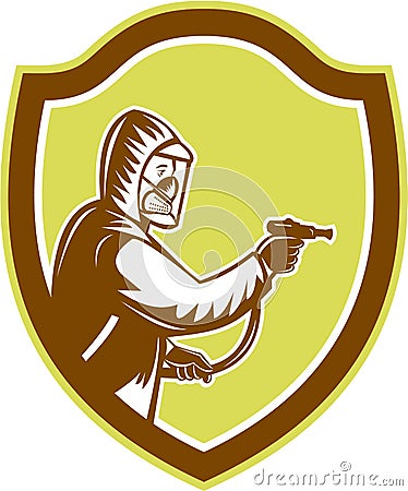 Pest Control Exterminator Spraying Shield Retro Vector Illustration