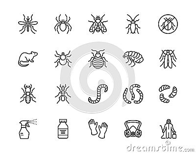 Pest control flat line icons set. Insects - mosquito, spider, fly, cockroach, rat, termite, spray vector illustrations Vector Illustration