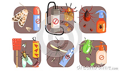 Pest Control Icons Set, Extermination of Harmful Insects, Moth, Tick, Colorado, Potato, Beetle, Fly, Mosquito Vector Vector Illustration