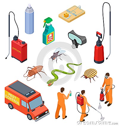 Pest control isometric. Insect fumigation rodent poison exterminator specialist 3d sanitary disinfection pest Vector Illustration