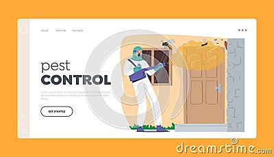 Pest Control Landing Page Template. Service Effectively Tackles Wasp Infestation At Cottage House, Cartoon Illustration Vector Illustration