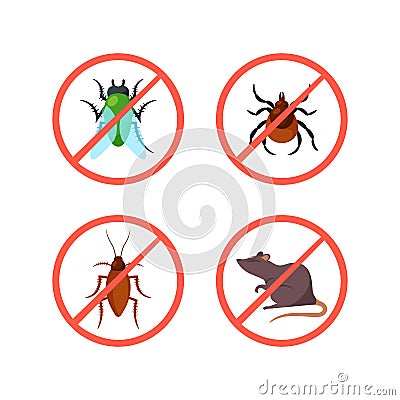 Pest Control Prohibition Signs or Icons with Beetle, Cockroach, Rat or Mouse Wand, Fly and Tick in Crossed Red Circles Vector Illustration