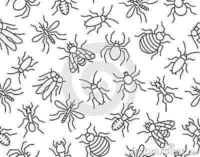 Pest control seamless pattern with flat line icons. Insects background - mosquito, spider, fly, cockroach, ant, termite Vector Illustration
