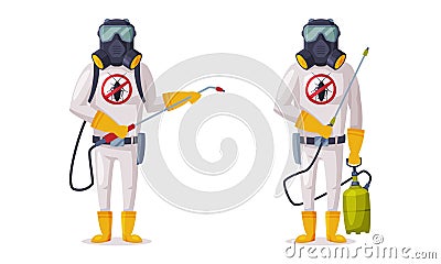 Pest Control Service with Equipped Man in Protective Suit Holding Chemical Cylinder Vector Set Vector Illustration