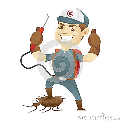 Pest control service killing cockroach and giving thumb up Vector Illustration