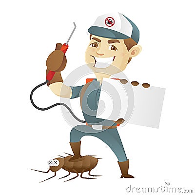 Pest control service killing cockroach and holding business card Vector Illustration