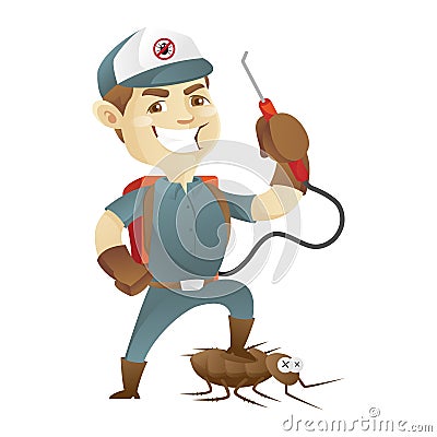 Pest control service killing cockroach and holding pest sprayer Vector Illustration