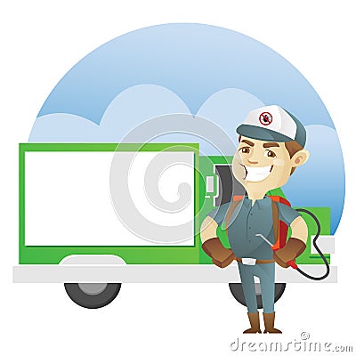 Pest control service standing in front of exterminator truck Vector Illustration