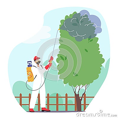 Pest Control Service Uses Spraying Techniques To Eliminate Pests And Rodents In A Garden. Character Uses Remedies Vector Illustration