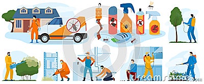 Pest control services, insects exterminator with insecticide spray and in protection cloths flat icons isolated vector Vector Illustration