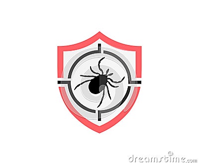 Pest control with shield, insect, chemical poison logo design. Pest control services, target, insects exterminator. Vector Illustration