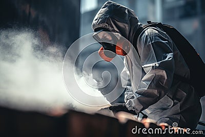 Pest control technician in mask and protective suit spraying lethal gas to exterminate pests Stock Photo