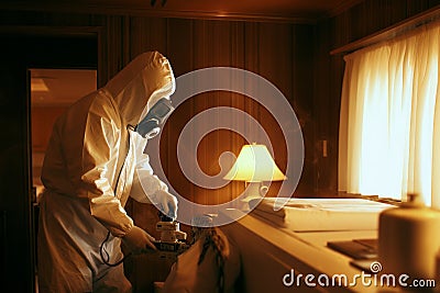 Pest control technician in protective suit effectively spraying poisonous gas to eliminate pests Stock Photo