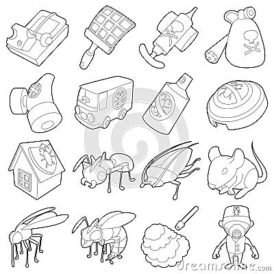 Pest control terminate icons set, outline style Vector Illustration
