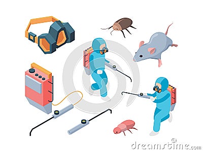 Pest destruction. Fumigation poison controlling pest insects service vector isometric Vector Illustration