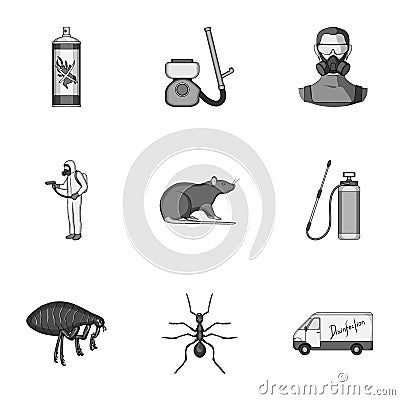 Pest, poison, personnel and various equipment monochrome icons in set collection for design. Pest control service vector Vector Illustration