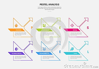 PESTEL analysis infographic outline style with 6 point template with big triangle arrow shape structure for slide presentation Stock Photo
