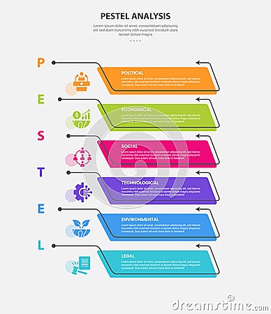 PESTEL analysis infographic outline style with 6 point template with creative open box container with arrow line on vertical stack Stock Photo